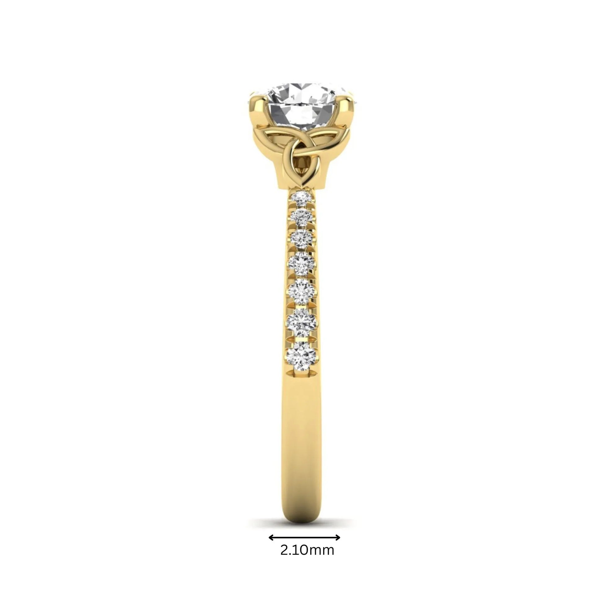 Round Cut Celtic Knot Solitaire Lab Grown Diamond Engagement Ring featuring a 6.50 mm IGI Certified round brilliant diamond, Celtic Trinity Knot gallery, pavé diamond band, and polished yellow gold finish.