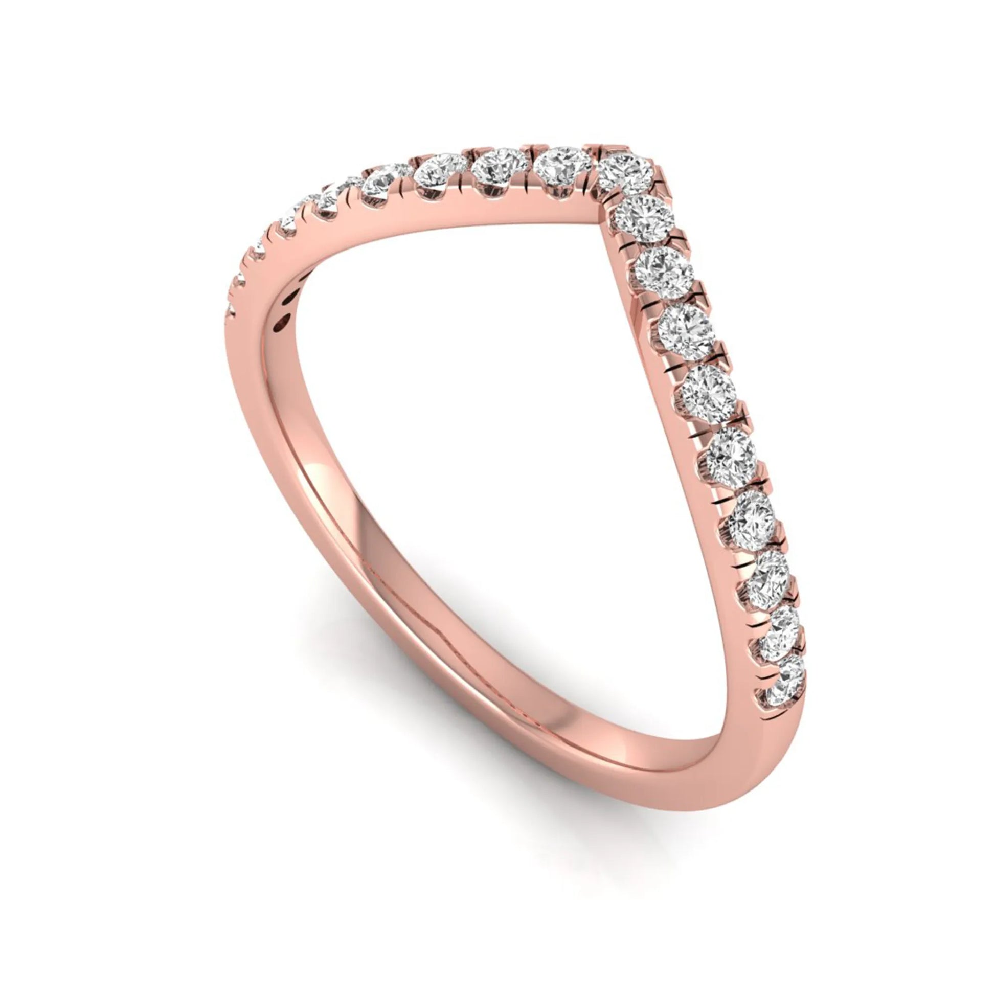 Round cut lab grown diamond chevron wedding band in rose gold tone