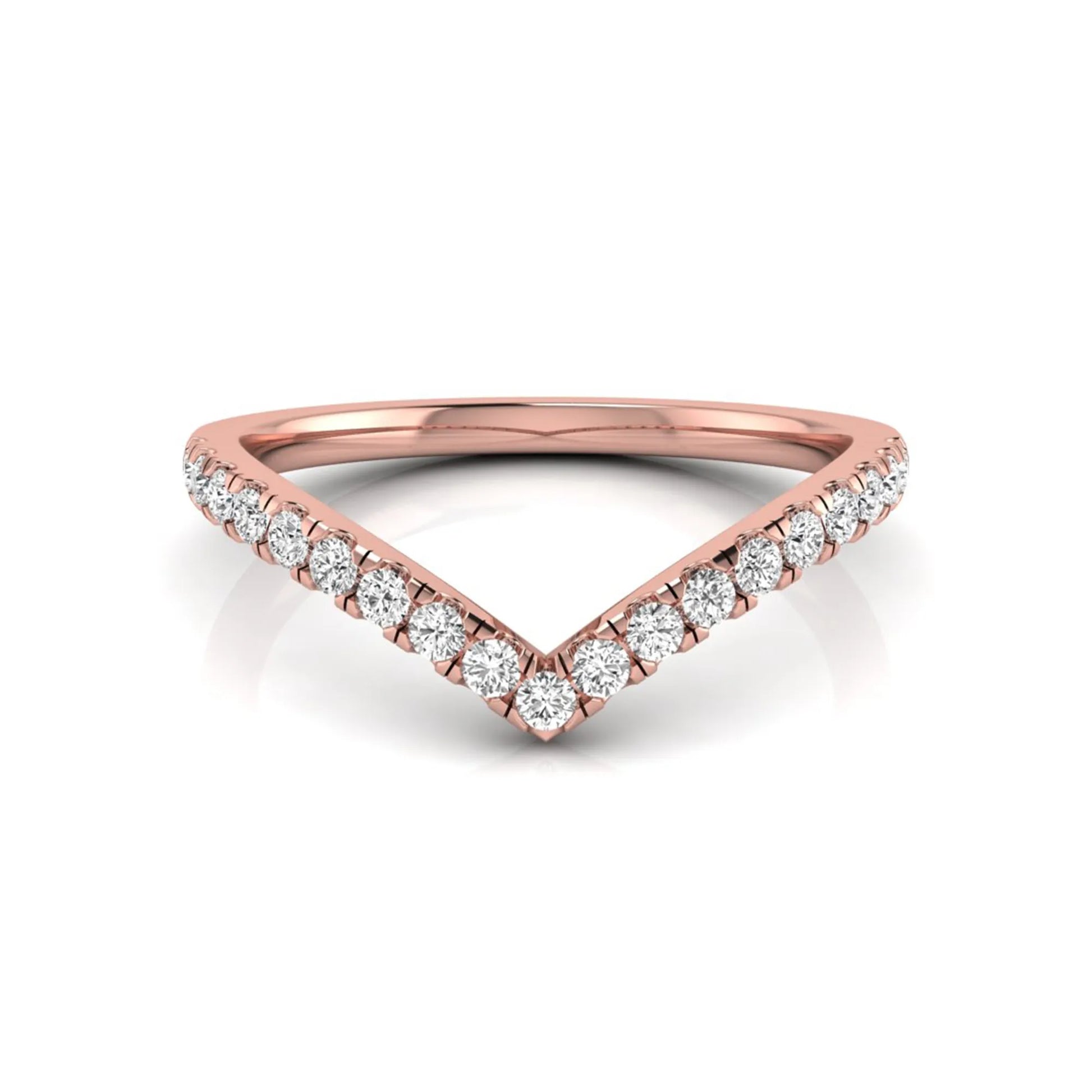 Round cut lab grown diamond chevron wedding band in rose gold tone