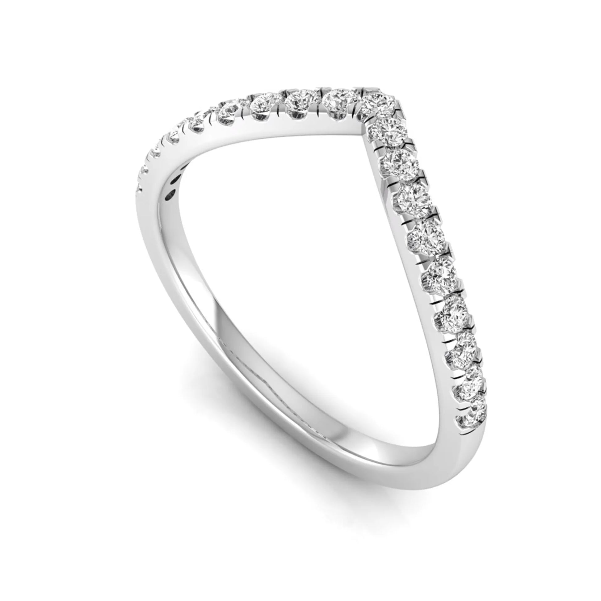 Round cut lab grown diamond chevron wedding band in white gold tone
