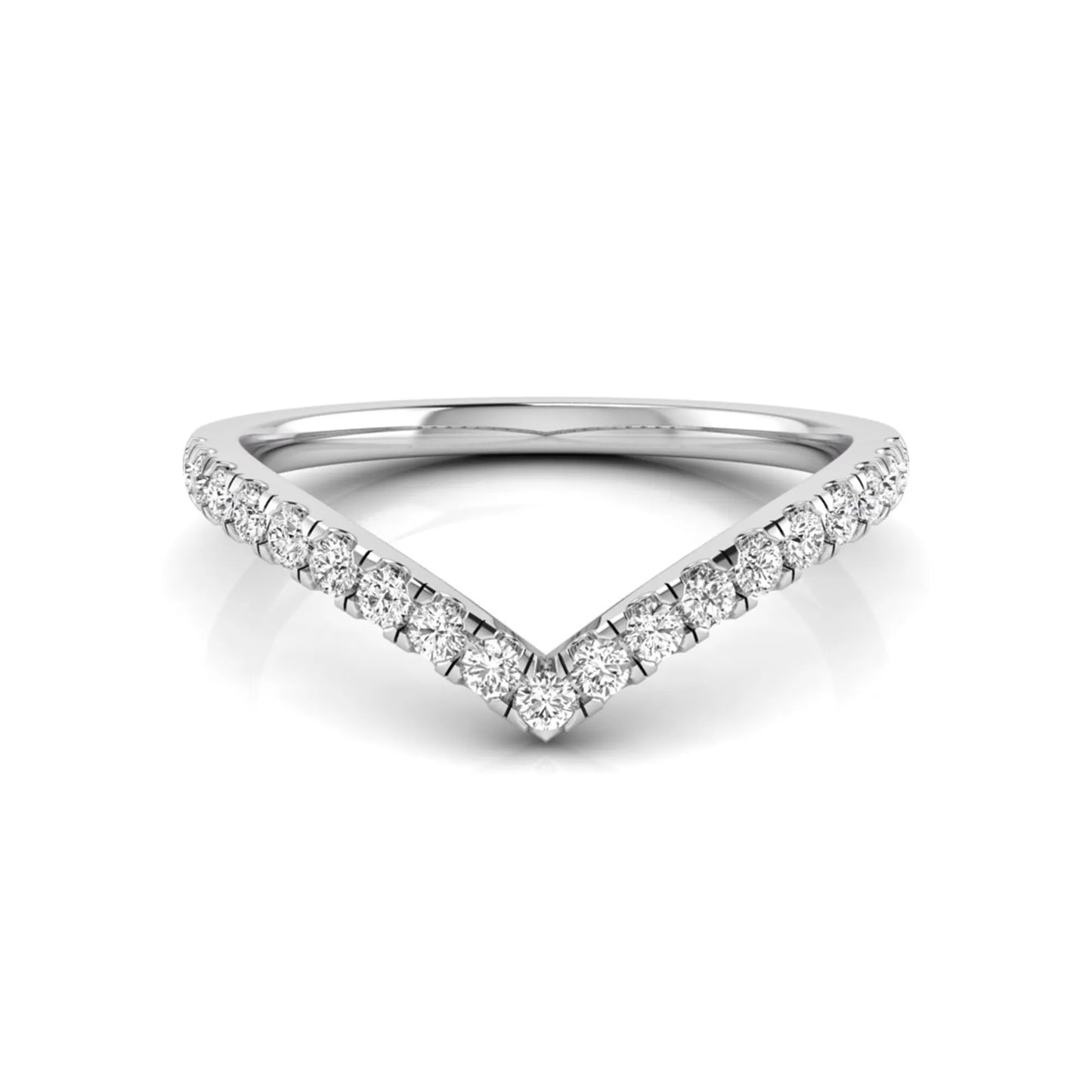 Round cut lab grown diamond chevron wedding band in white gold tone