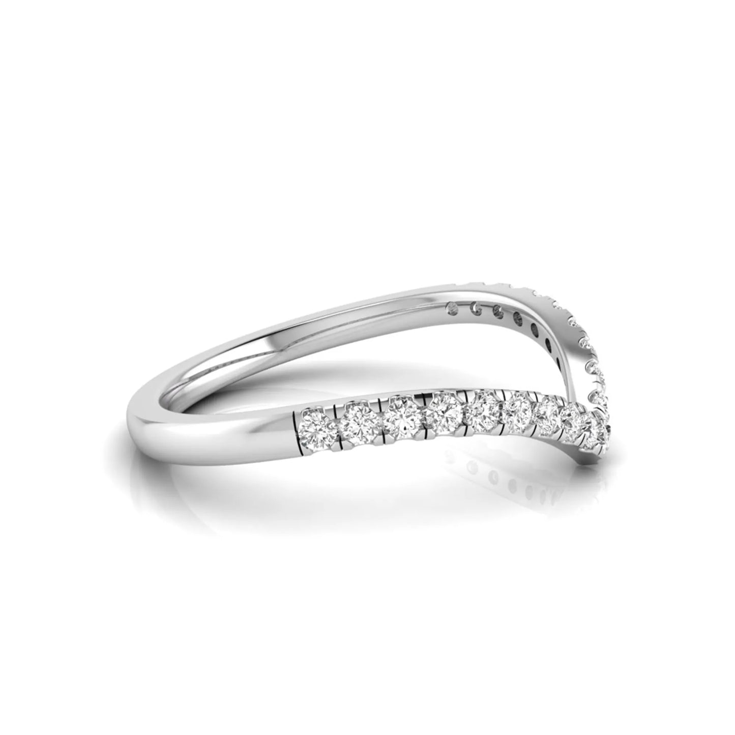 Round cut lab grown diamond chevron wedding band in white gold tone