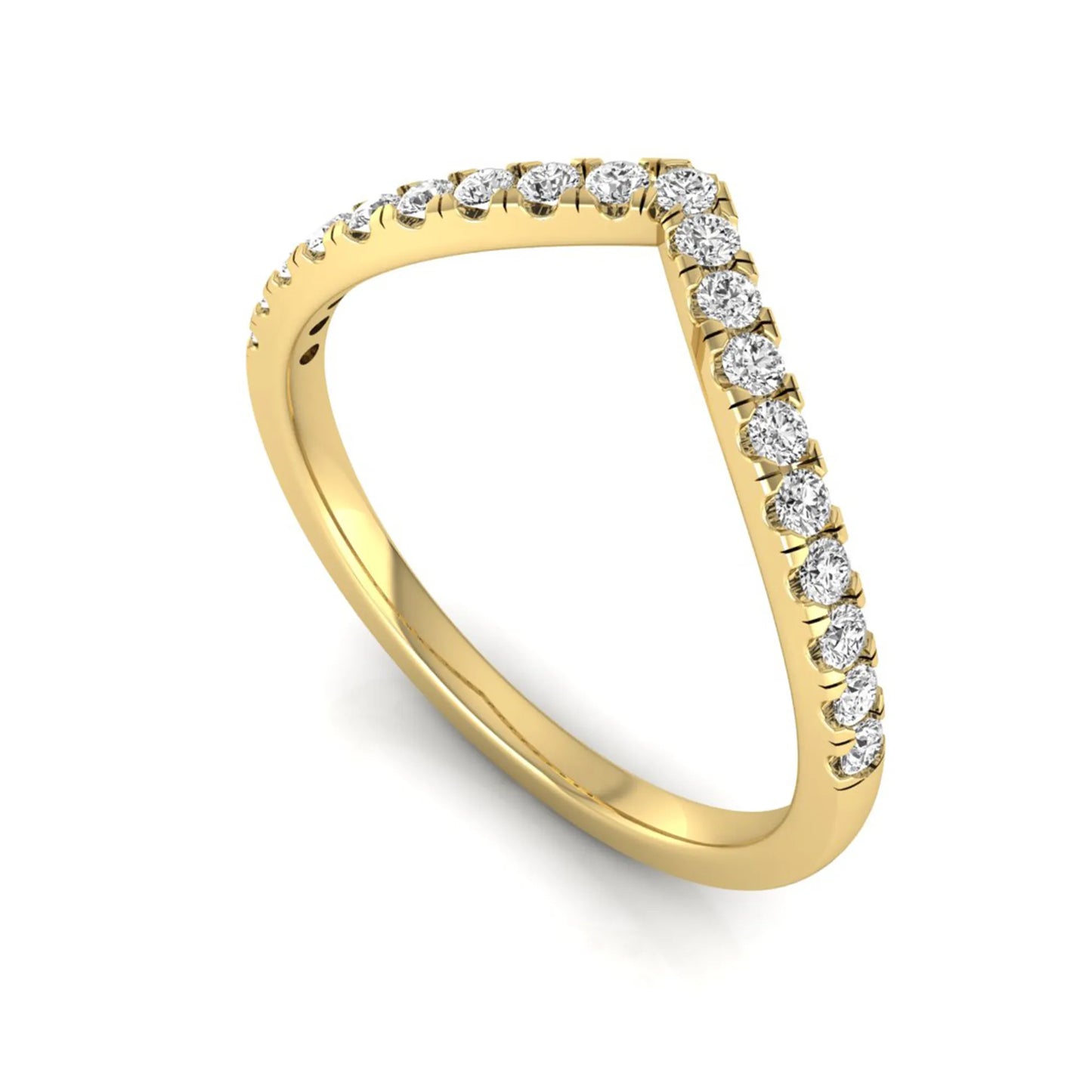 Round cut lab grown diamond chevron wedding band in yellow gold tone