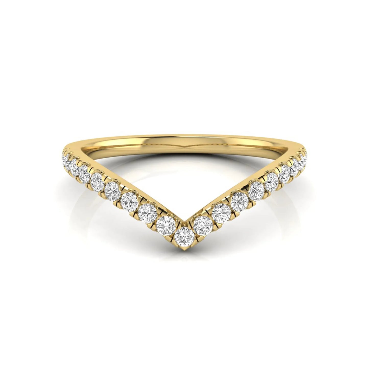 Round cut lab grown diamond chevron wedding band in yellow gold tone