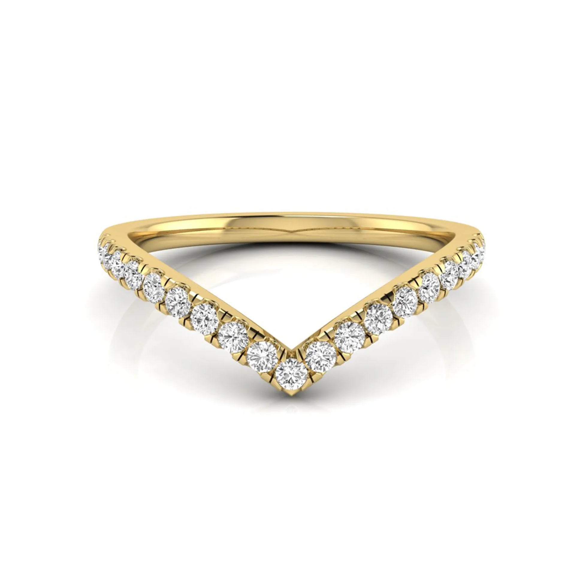 Round cut lab grown diamond chevron wedding band in yellow gold tone