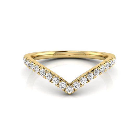 Round cut lab grown diamond chevron wedding band in yellow gold tone