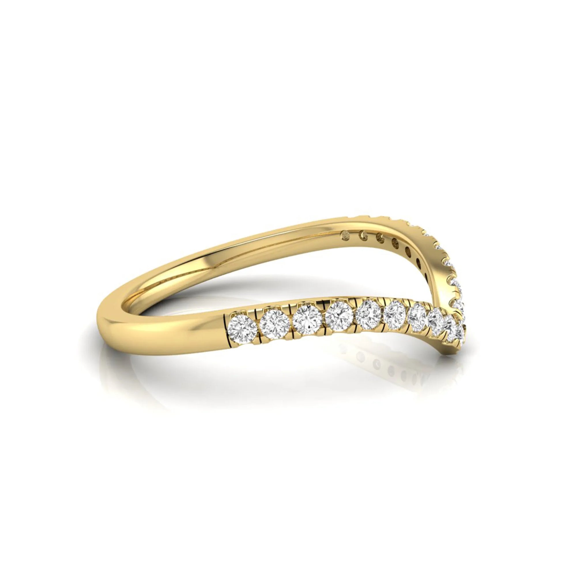Round cut lab grown diamond chevron wedding band in yellow gold tone