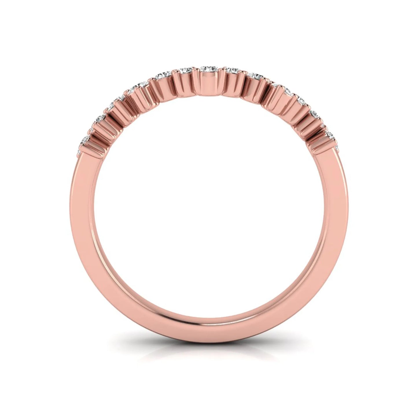 Round cut lab grown diamond curved wedding band in rose gold tone