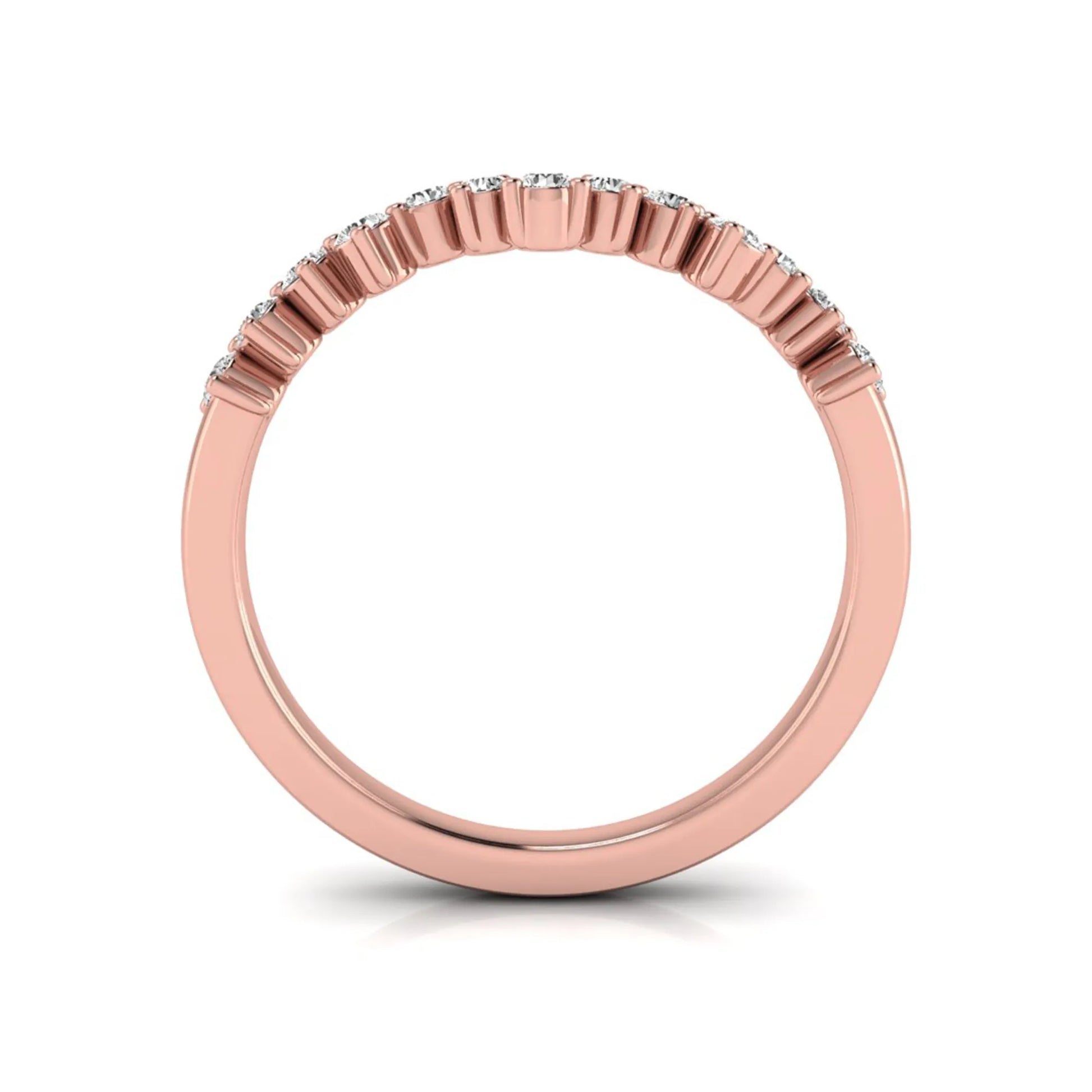 Round cut lab grown diamond curved wedding band in rose gold tone