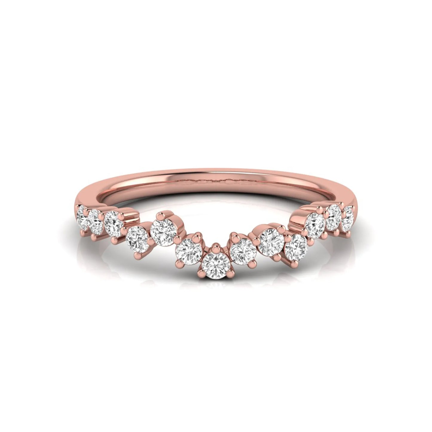 Round cut lab grown diamond curved wedding band in rose gold tone