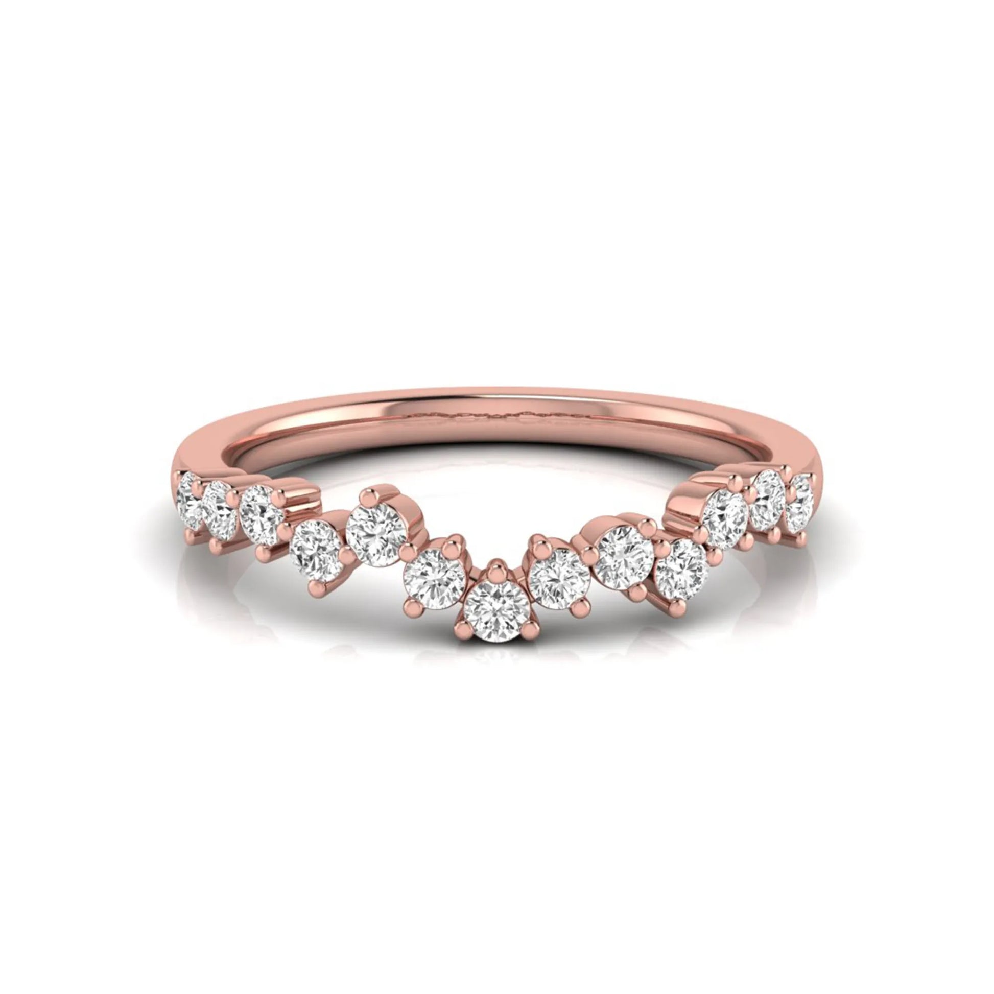 Round cut lab grown diamond curved wedding band in rose gold tone
