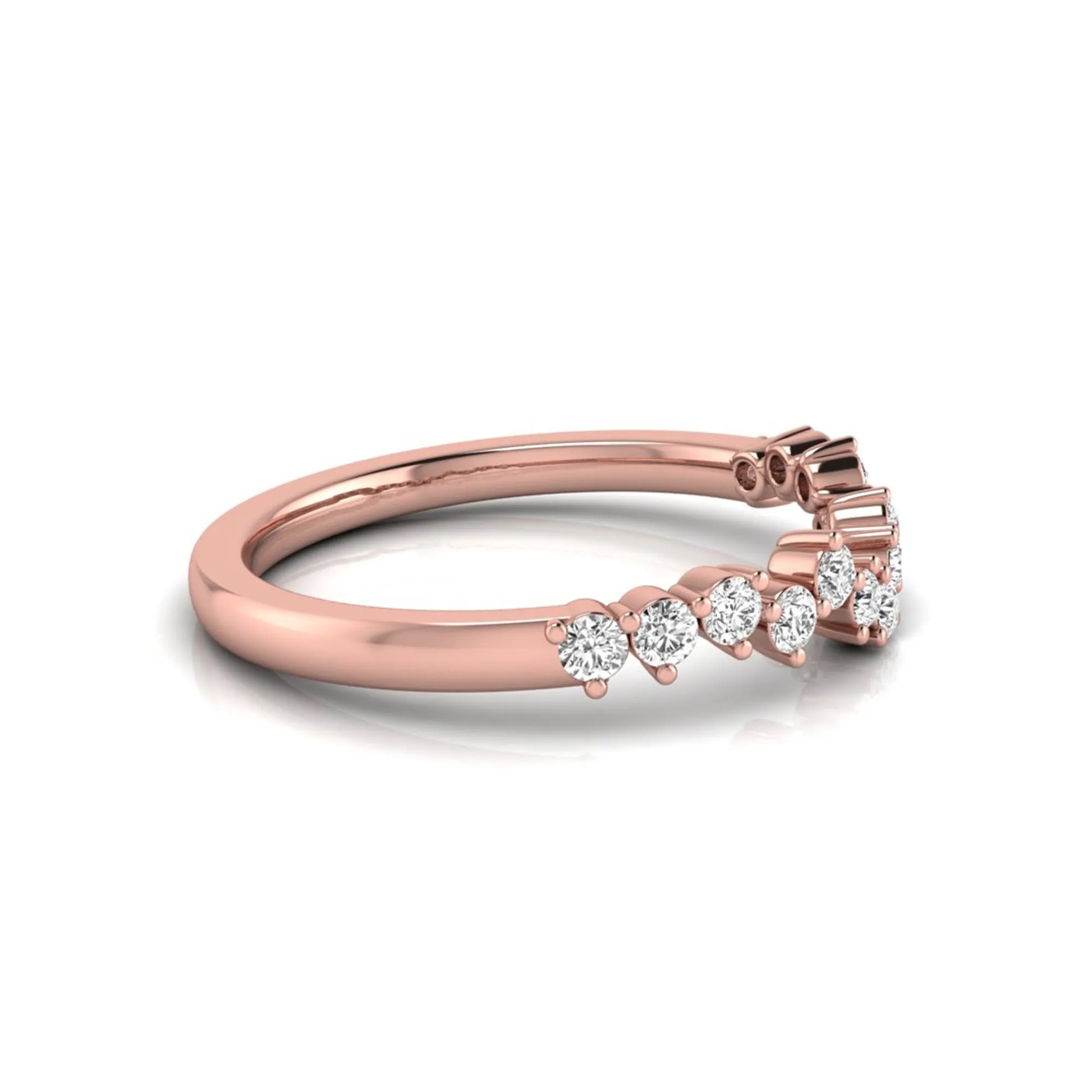 Round cut lab grown diamond curved wedding band in rose gold tone