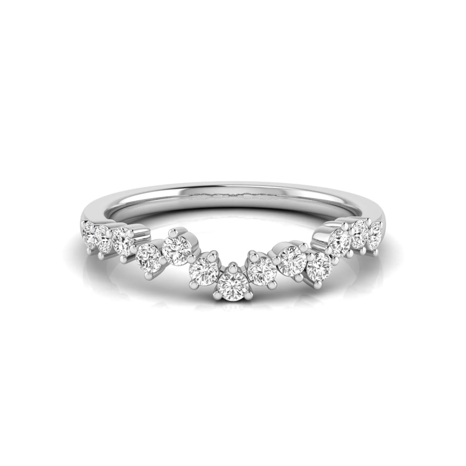Round cut lab grown diamond curved wedding band in white gold tone