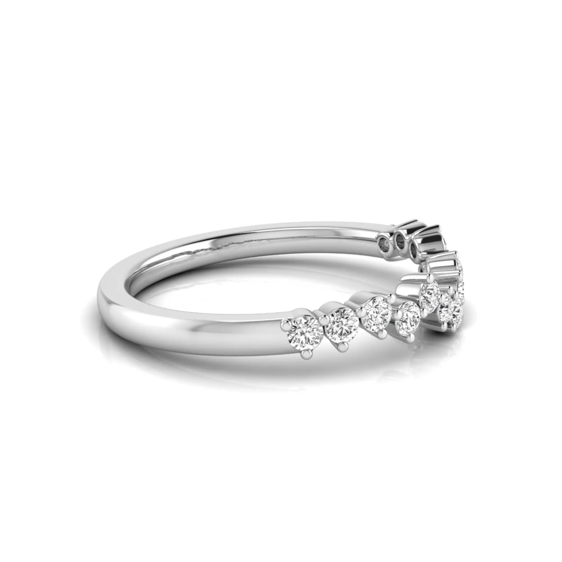Round cut lab grown diamond curved wedding band in white gold tone