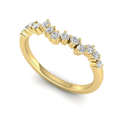 Round cut lab grown diamond curved wedding band in yellow gold tone
