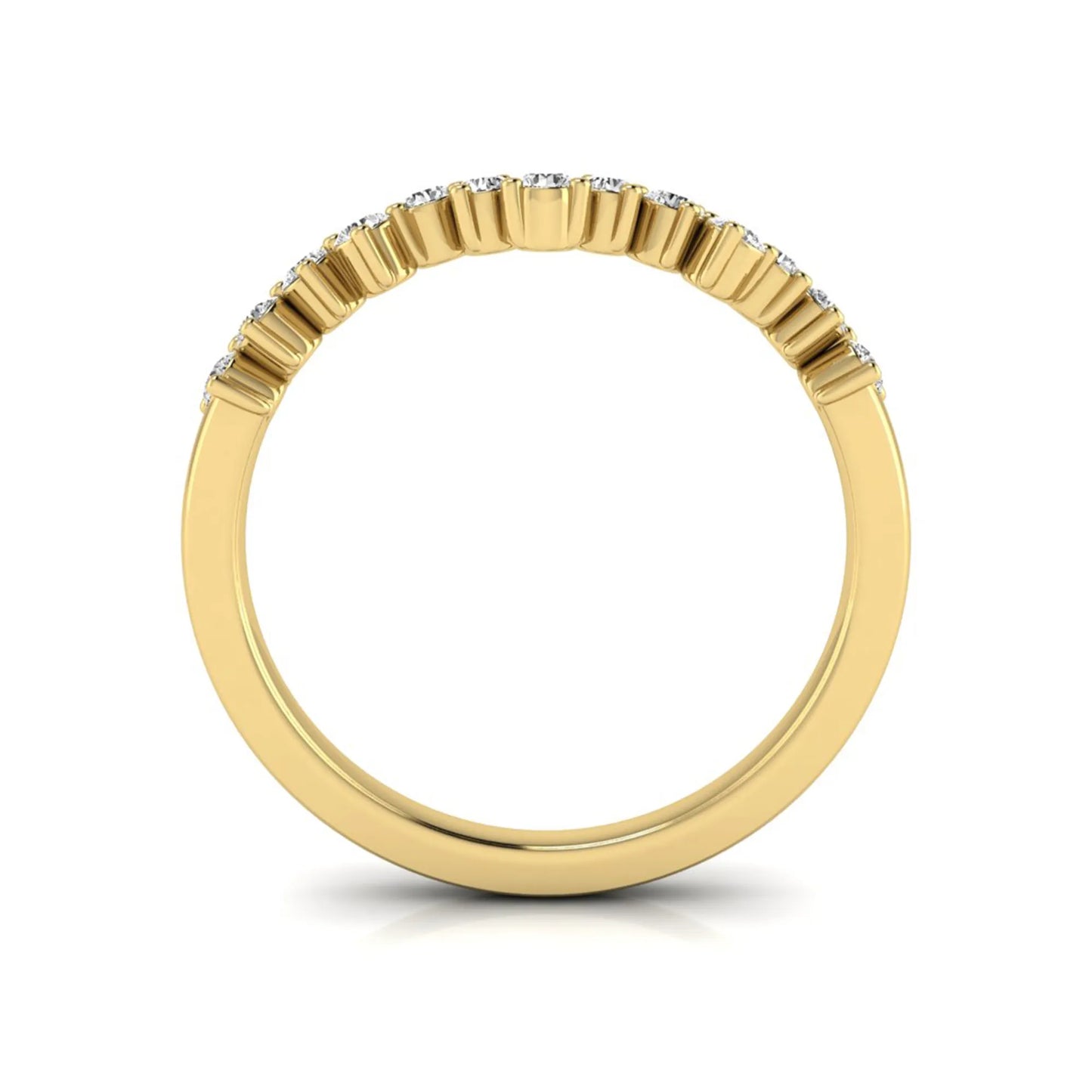 Round cut lab grown diamond curved wedding band in yellow gold tone