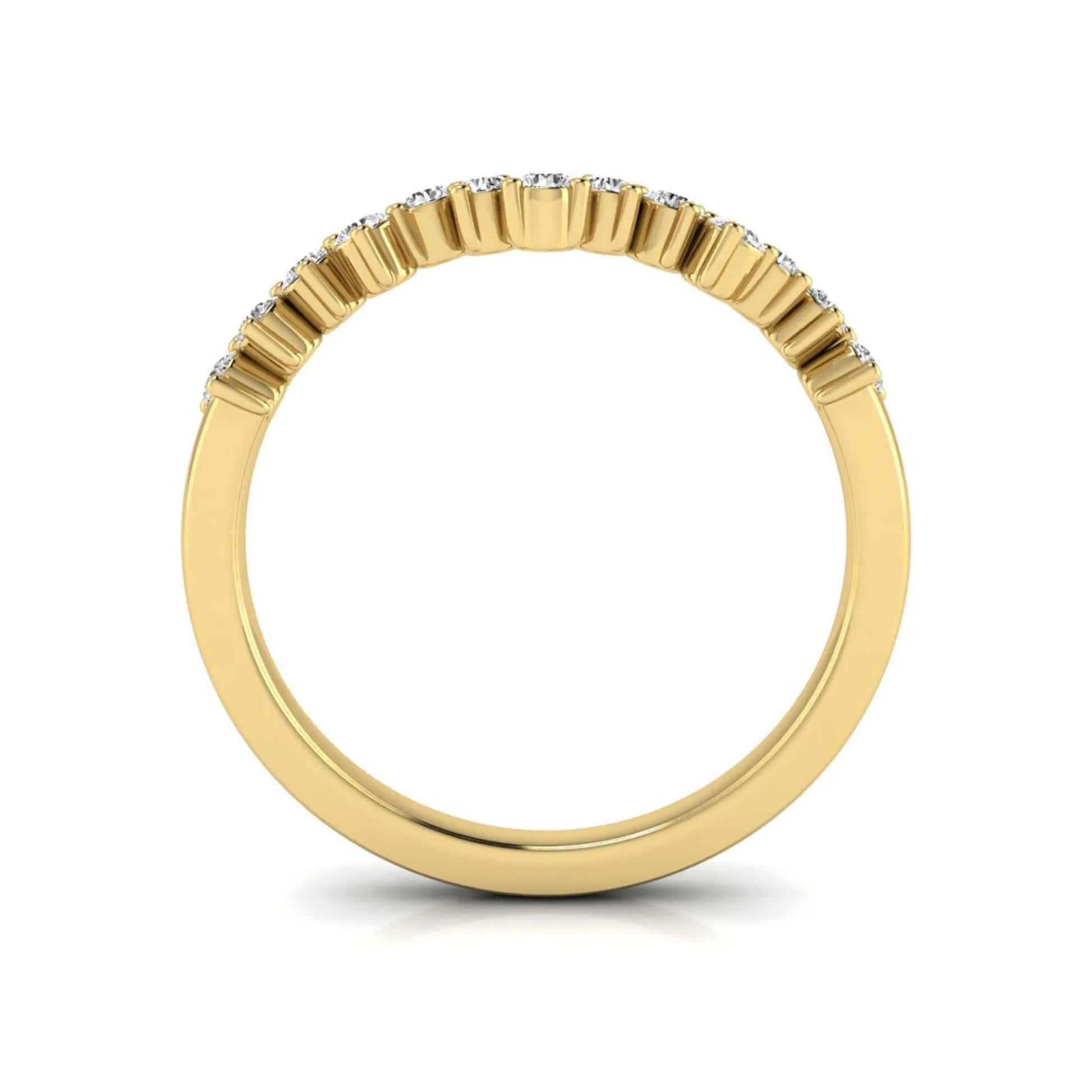 Round cut lab grown diamond curved wedding band in yellow gold tone