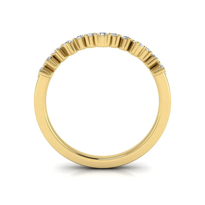 Round cut lab grown diamond curved wedding band in yellow gold tone