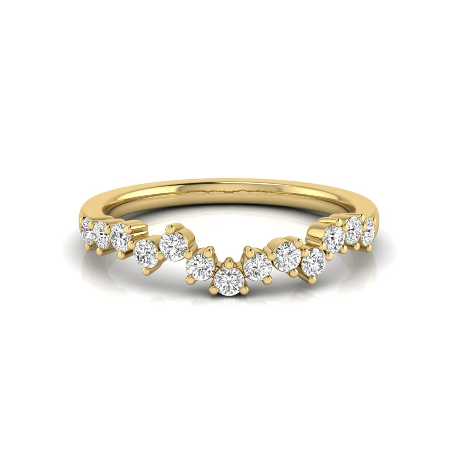 Round cut lab grown diamond curved wedding band in yellow gold tone