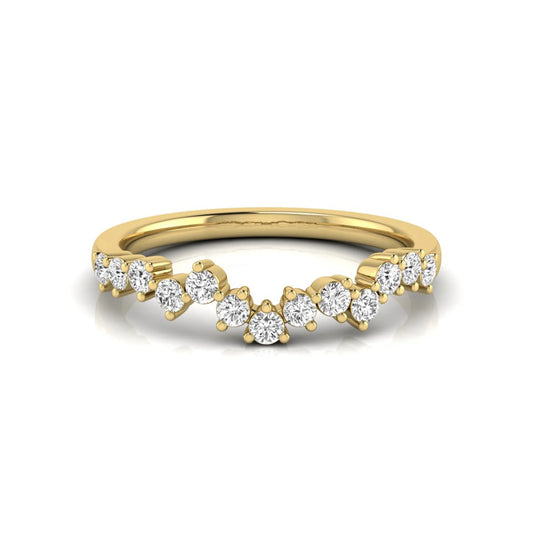Round cut lab grown diamond curved wedding band in yellow gold tone
