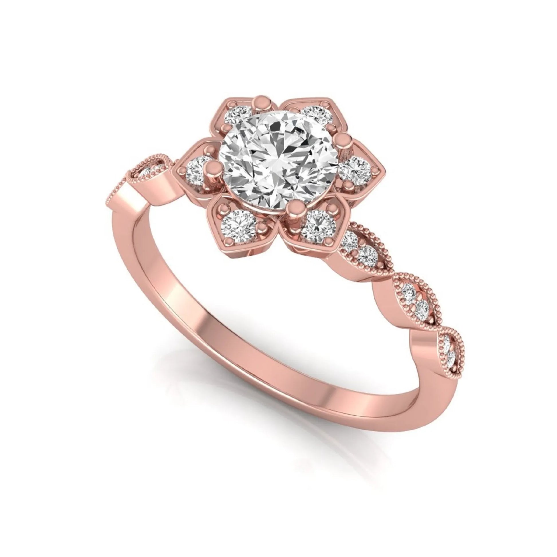 Round cut lab grown diamond floral engagement ring with diamond accented twisted band in rose gold design