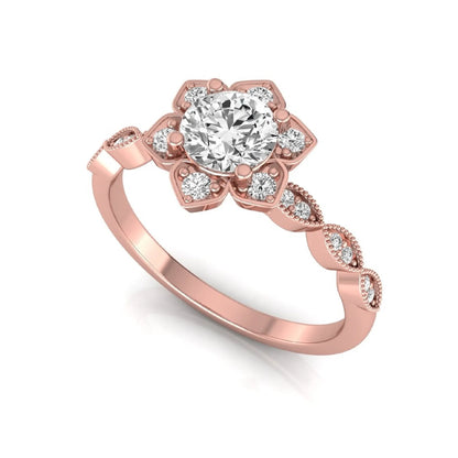 Round cut lab grown diamond floral engagement ring with diamond accented twisted band in rose gold design