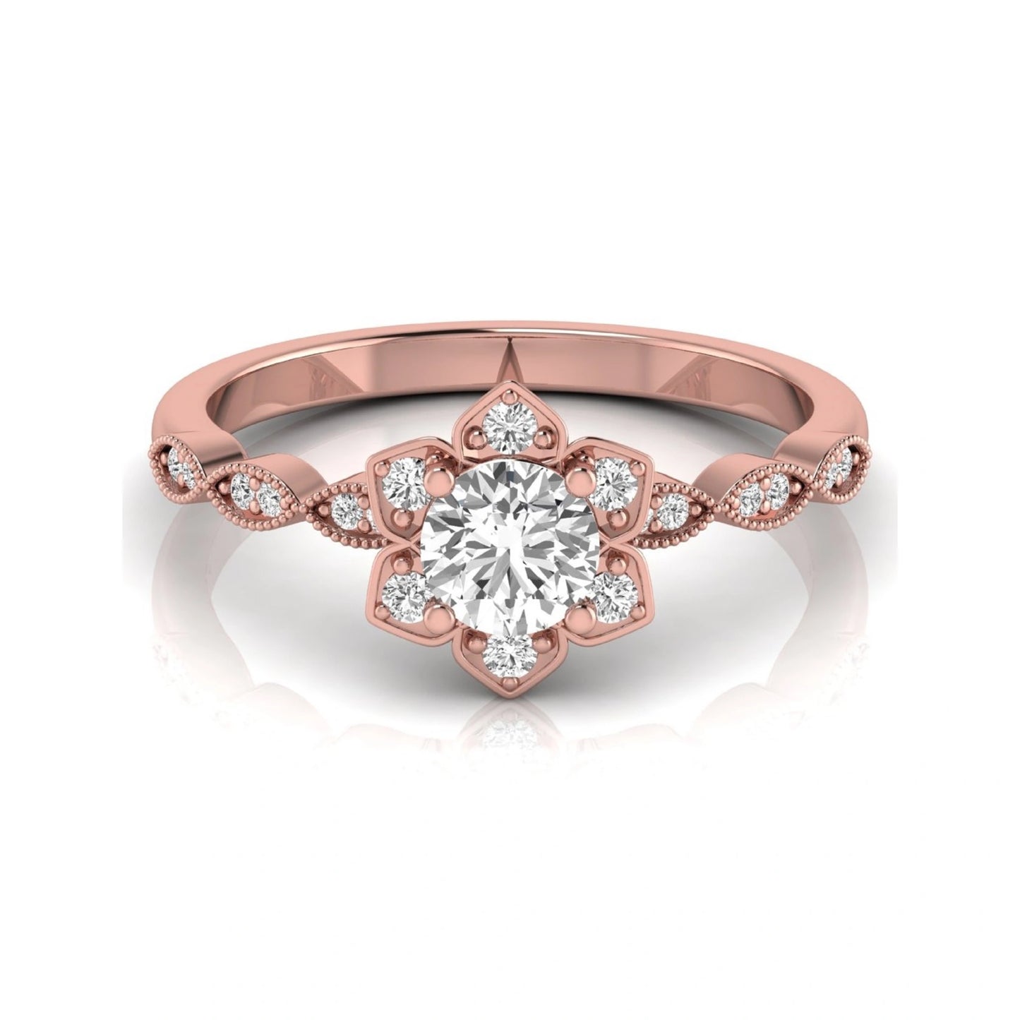 Round cut lab grown diamond floral engagement ring with diamond accented twisted band in rose gold design