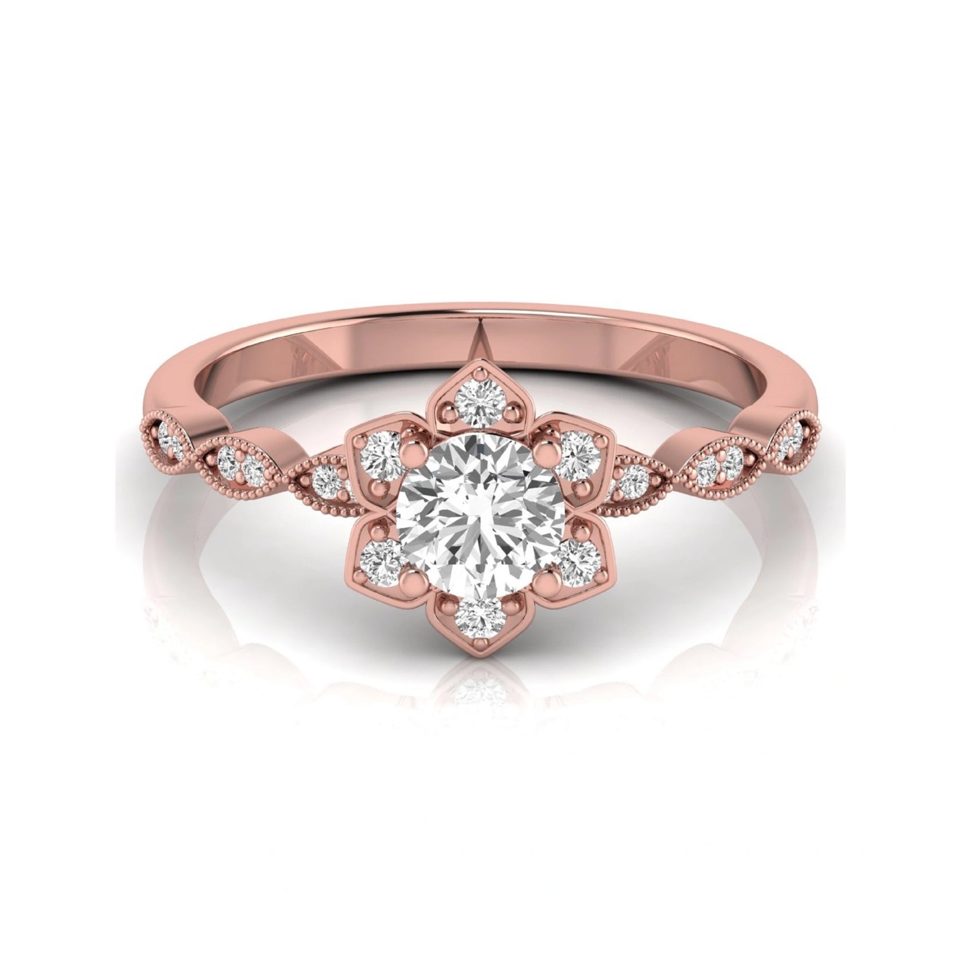 Round cut lab grown diamond floral engagement ring with diamond accented twisted band in rose gold design