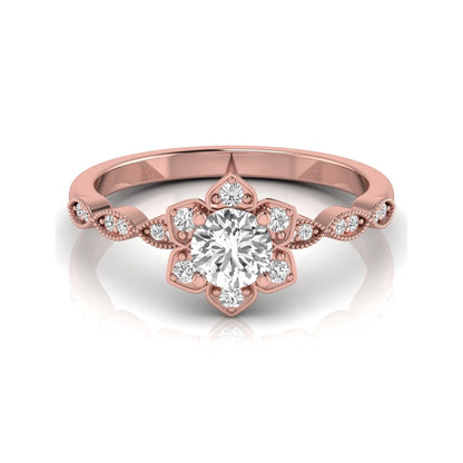 Round cut lab grown diamond floral engagement ring with diamond accented twisted band in rose gold design