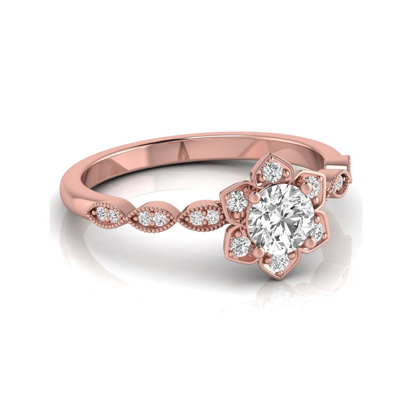 Round cut lab grown diamond floral engagement ring with diamond accented twisted band in rose gold design