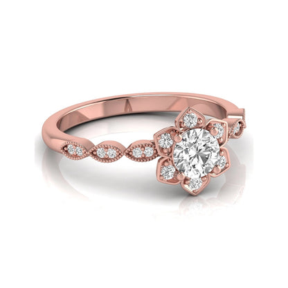 Round cut lab grown diamond floral engagement ring with diamond accented twisted band in rose gold design