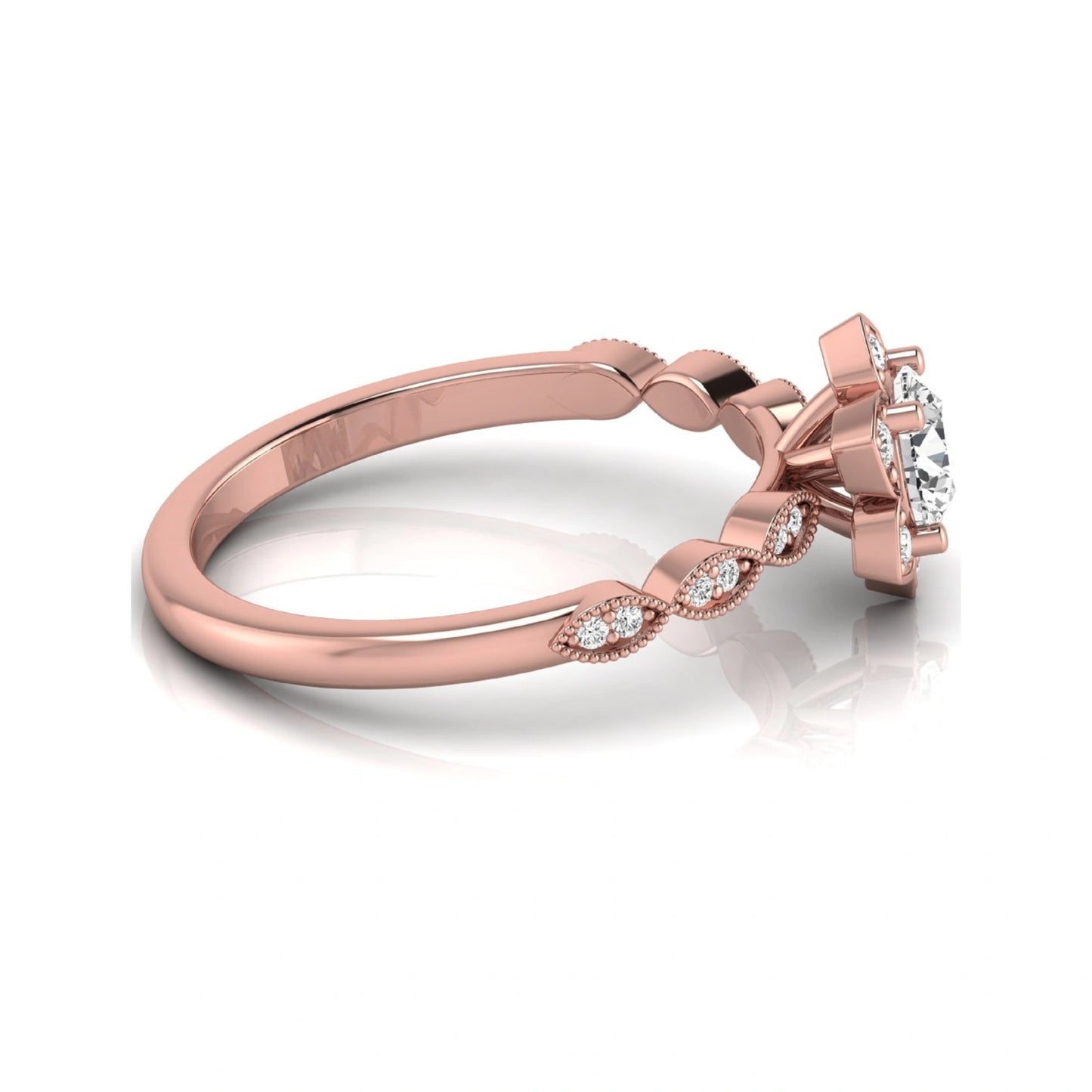 Round cut lab grown diamond floral engagement ring with diamond accented twisted band in rose gold design
