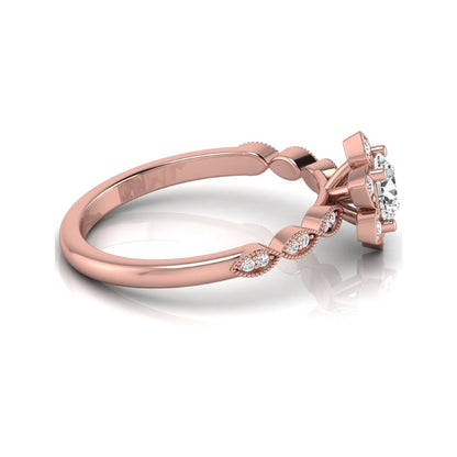 Round cut lab grown diamond floral engagement ring with diamond accented twisted band in rose gold design