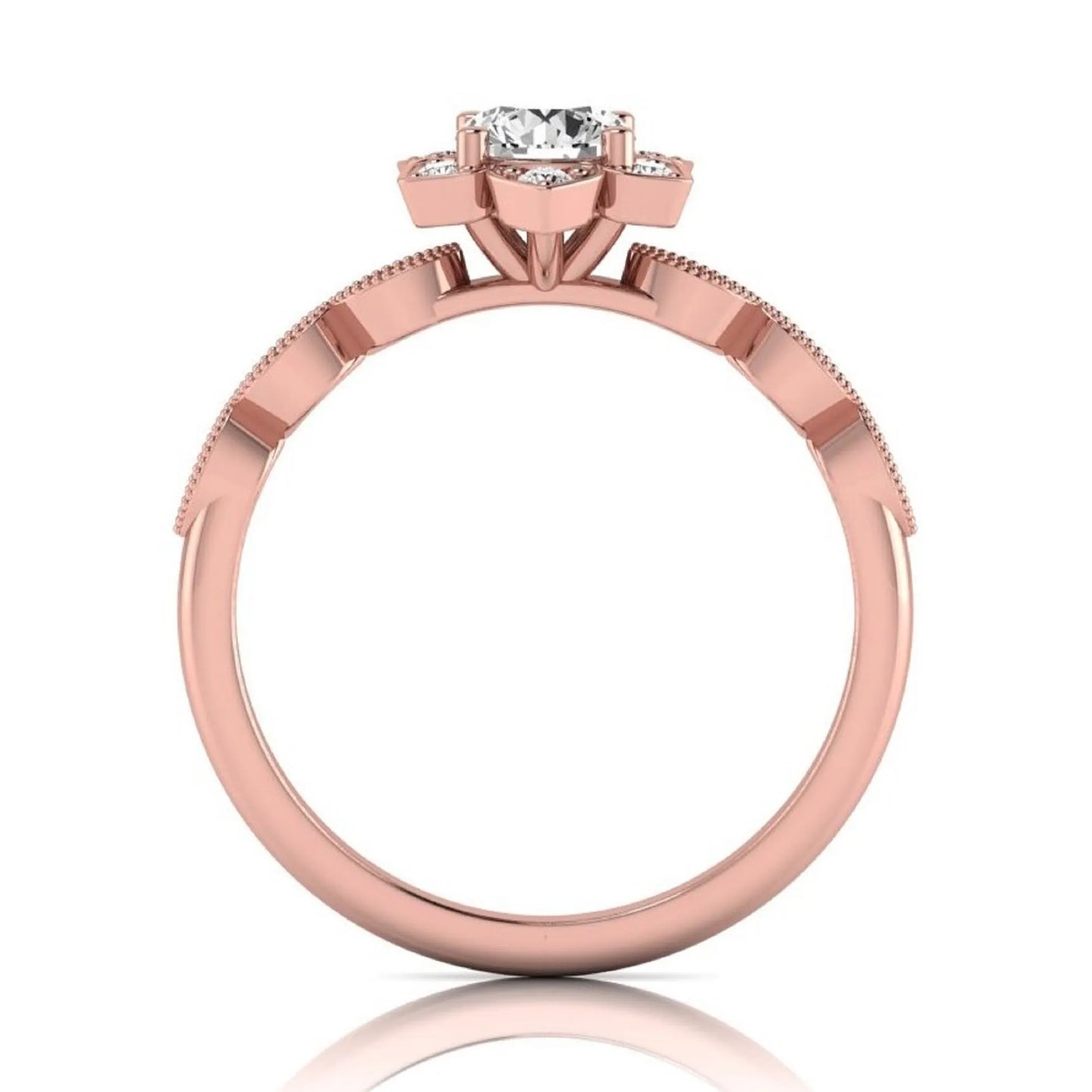 Round cut lab grown diamond floral engagement ring with diamond accented twisted band in rose gold design