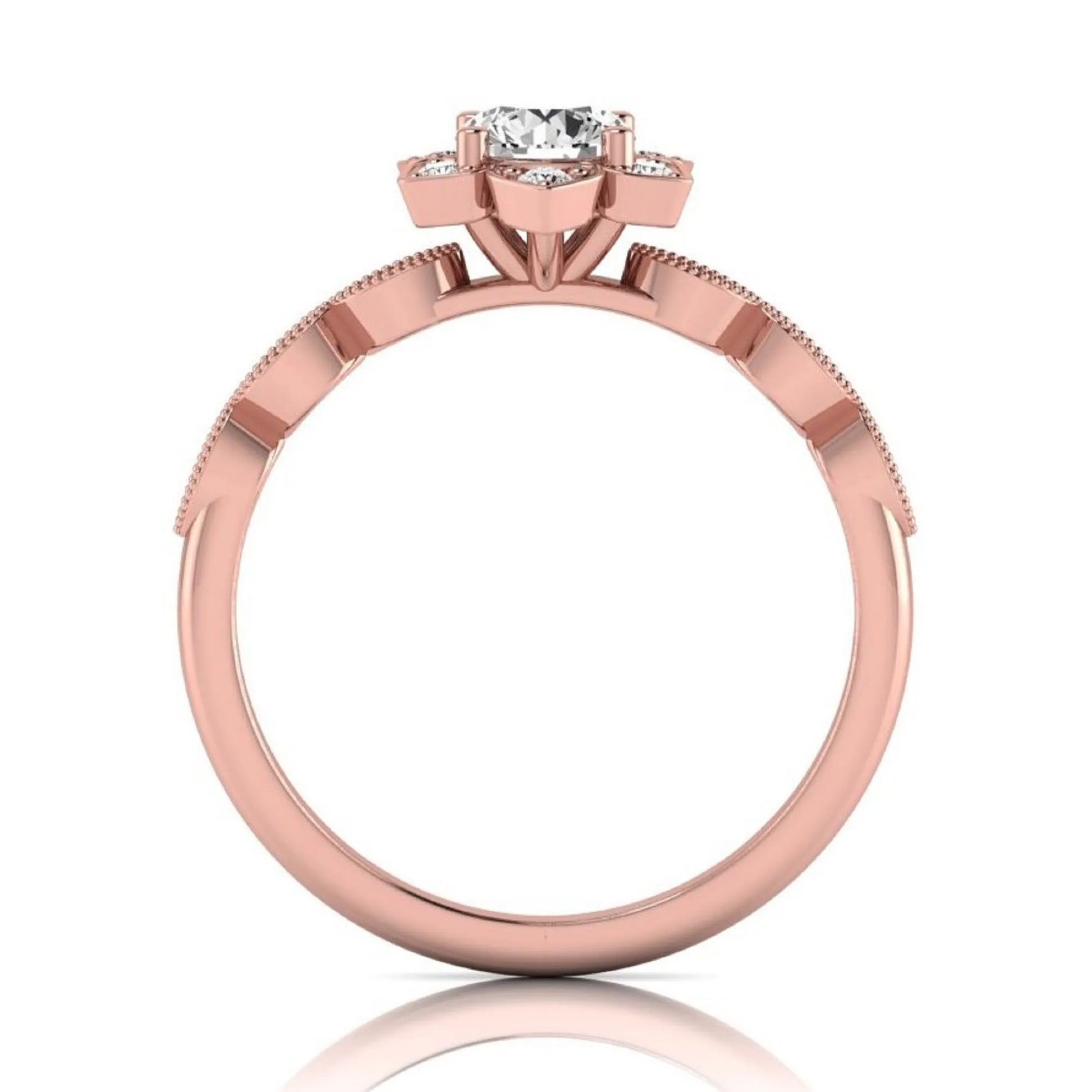 Round cut lab grown diamond floral engagement ring with diamond accented twisted band in rose gold design