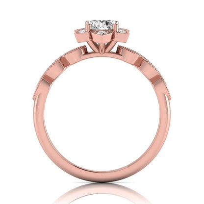 Round cut lab grown diamond floral engagement ring with diamond accented twisted band in rose gold design