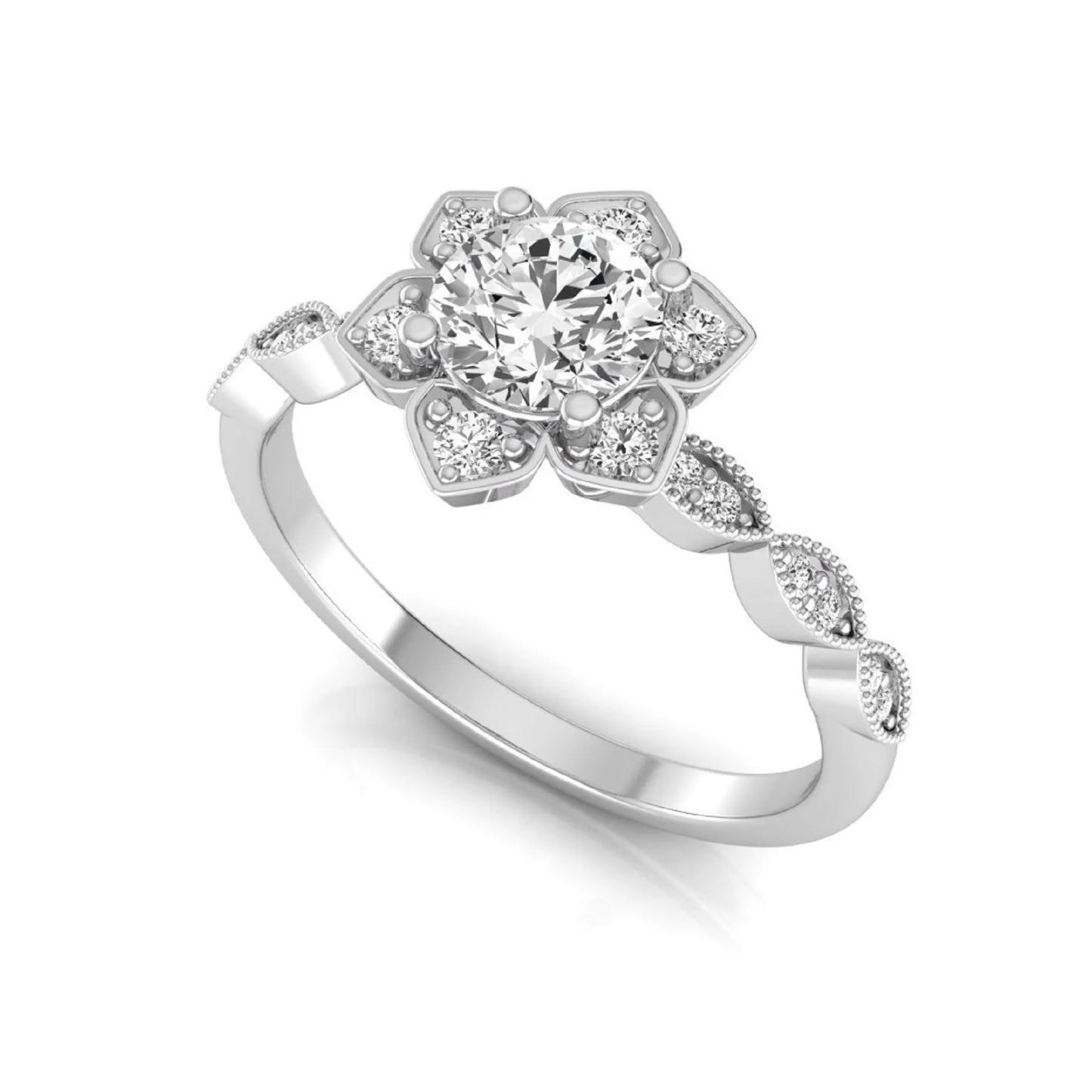 Round cut lab grown diamond floral engagement ring with diamond accented twisted band in white gold design