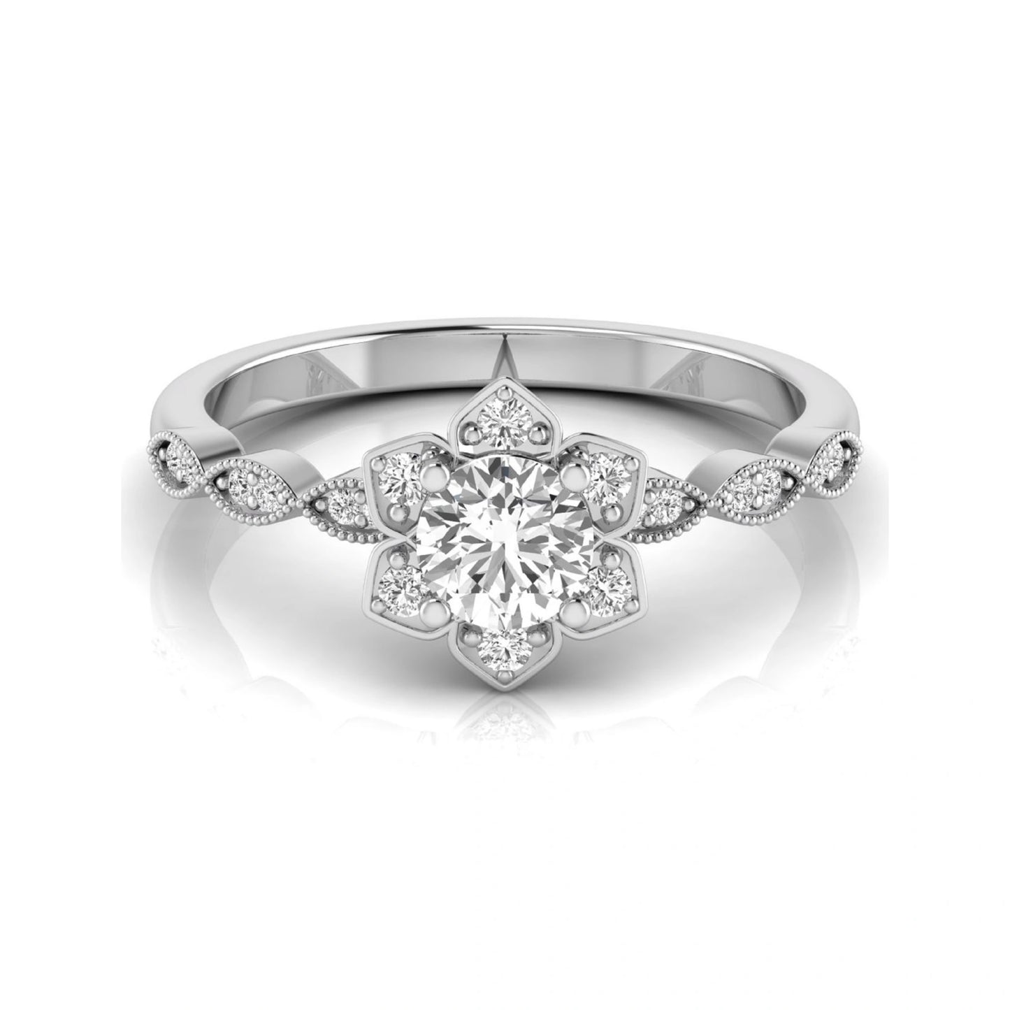 Round cut lab grown diamond floral engagement ring with diamond accented twisted band in white gold design
