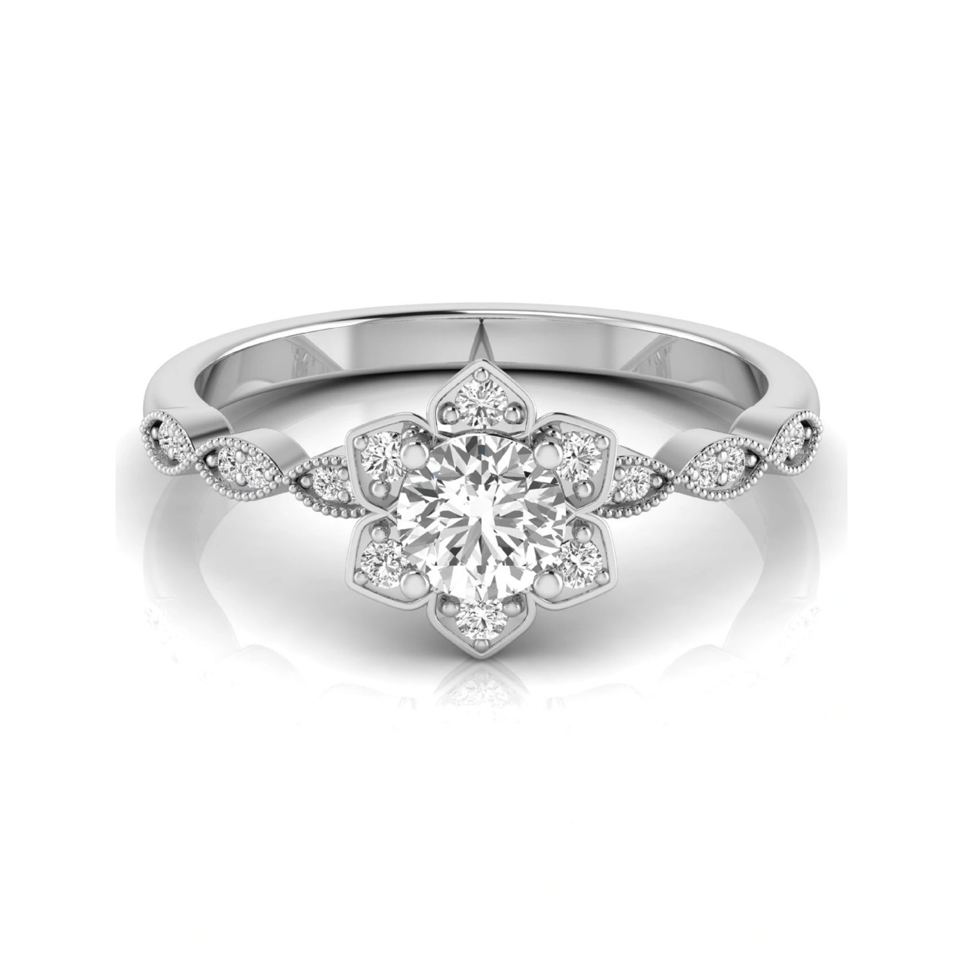 Round cut lab grown diamond floral engagement ring with diamond accented twisted band in white gold design