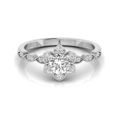 Round cut lab grown diamond floral engagement ring with diamond accented twisted band in white gold design