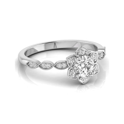 Round cut lab grown diamond floral engagement ring with diamond accented twisted band in white gold design