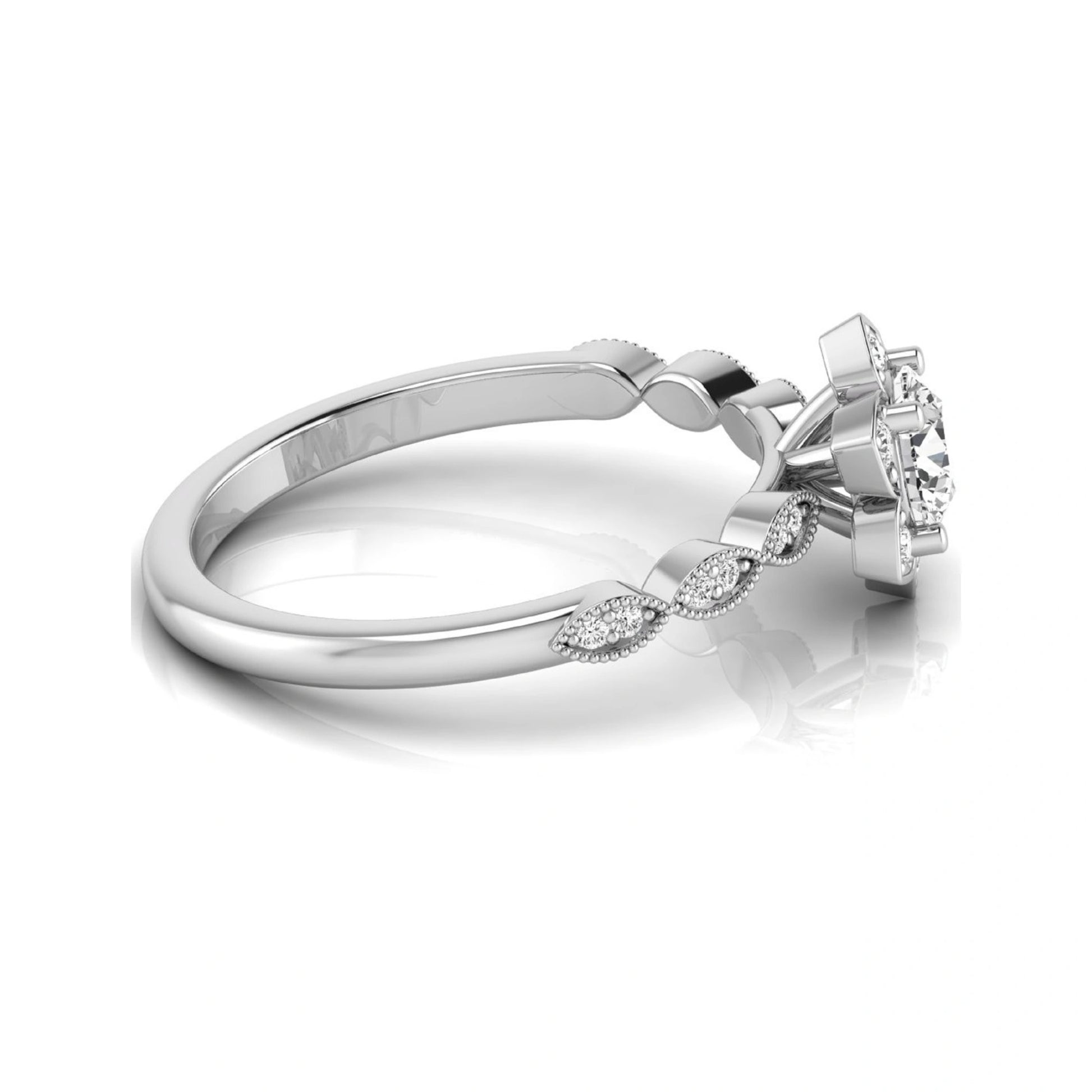 Round cut lab grown diamond floral engagement ring with diamond accented twisted band in white gold design