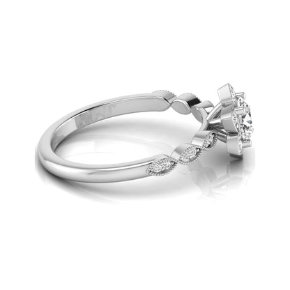 Round cut lab grown diamond floral engagement ring with diamond accented twisted band in white gold design