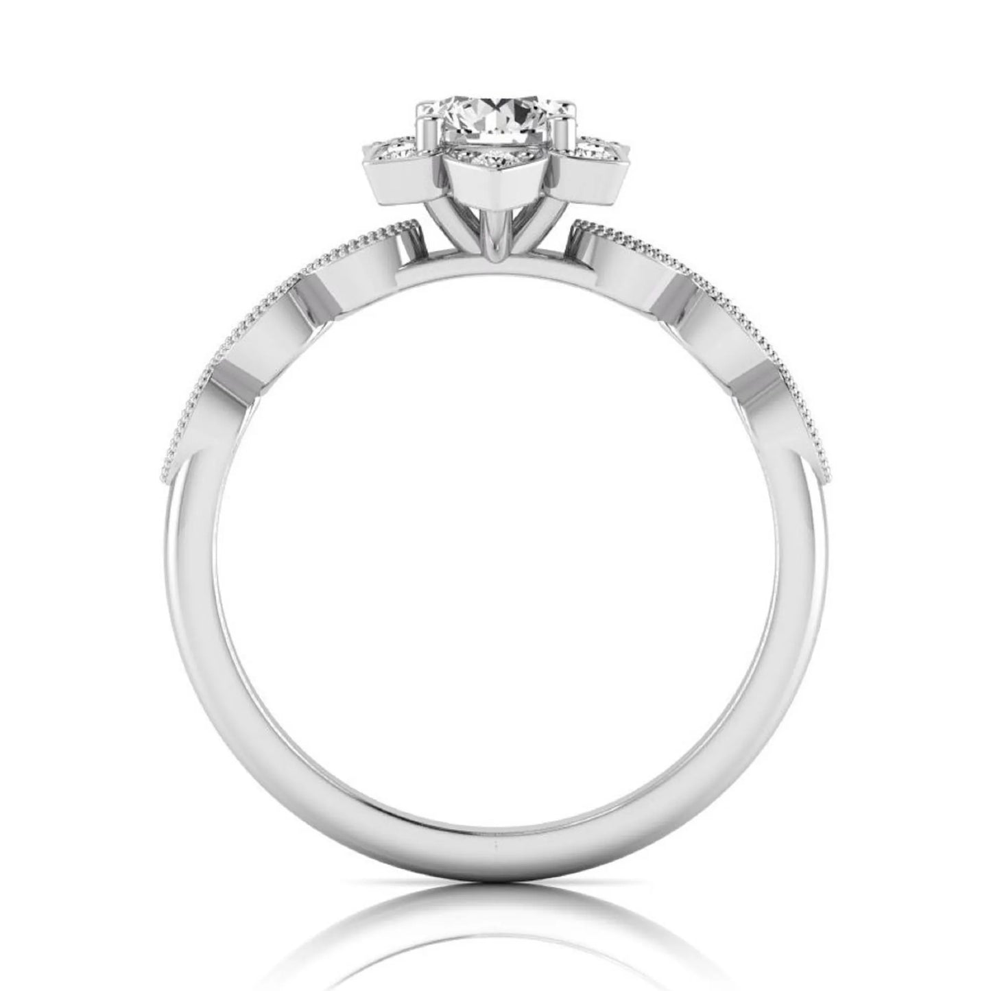 Round cut lab grown diamond floral engagement ring with diamond accented twisted band in white gold design