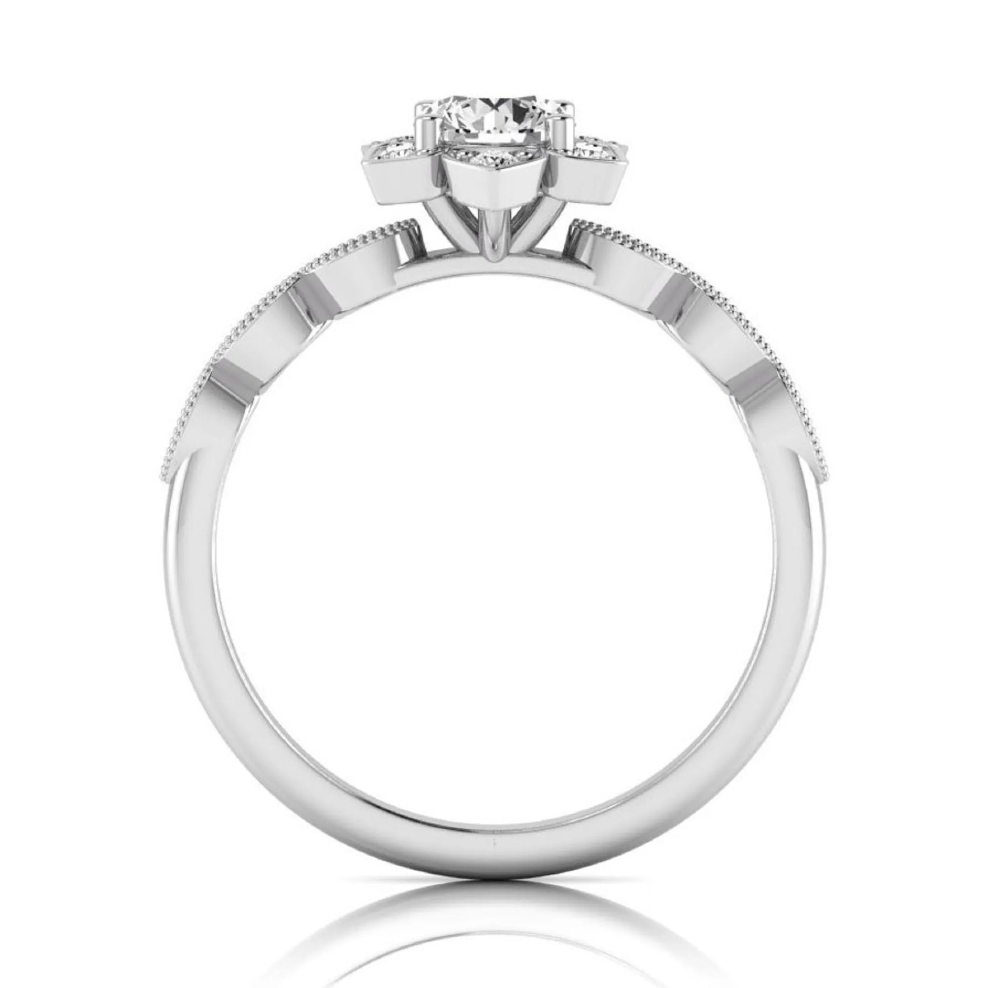 Round cut lab grown diamond floral engagement ring with diamond accented twisted band in white gold design