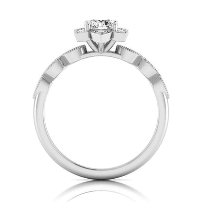 Round cut lab grown diamond floral engagement ring with diamond accented twisted band in white gold design