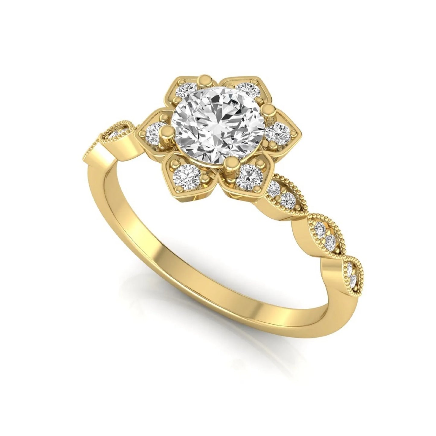 Round cut lab grown diamond floral engagement ring with diamond accented twisted band in yellow gold design