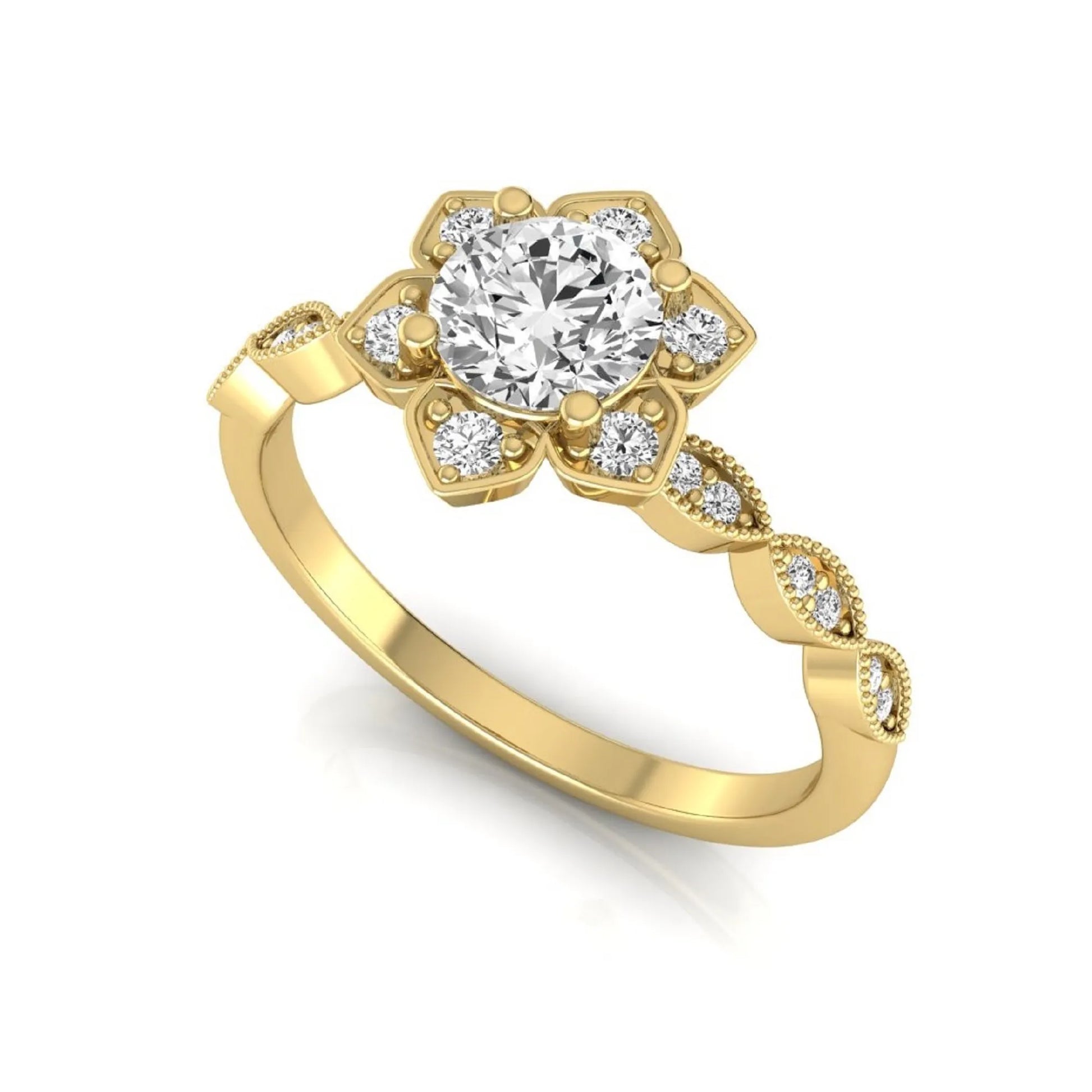 Round cut lab grown diamond floral engagement ring with diamond accented twisted band in yellow gold design