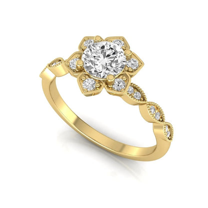Round cut lab grown diamond floral engagement ring with diamond accented twisted band in yellow gold design
