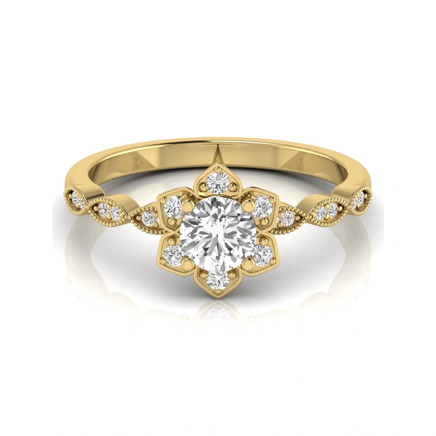 Round cut lab grown diamond floral engagement ring with diamond accented twisted band in yellow gold design